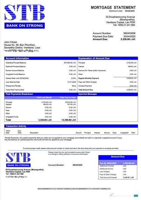 Download Laos ST Bank mortgage statement Word and PDF template Photoshop template